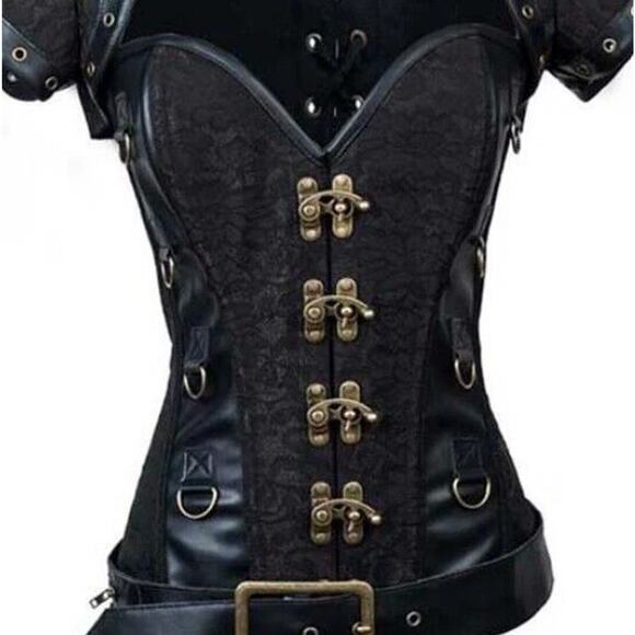6X Black Steel Boned Steampunk Goth Witch Brocade Floral Leather Overbust Corset - Picture 2 of 14